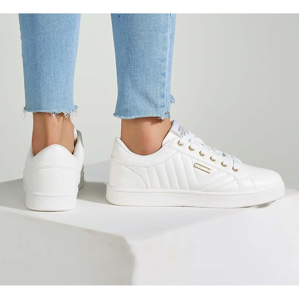 Women's White PU Glitter Shoes Sparkly Bling Shiny Bedazzled Lace Up Sneaker - Picture 7 of 9